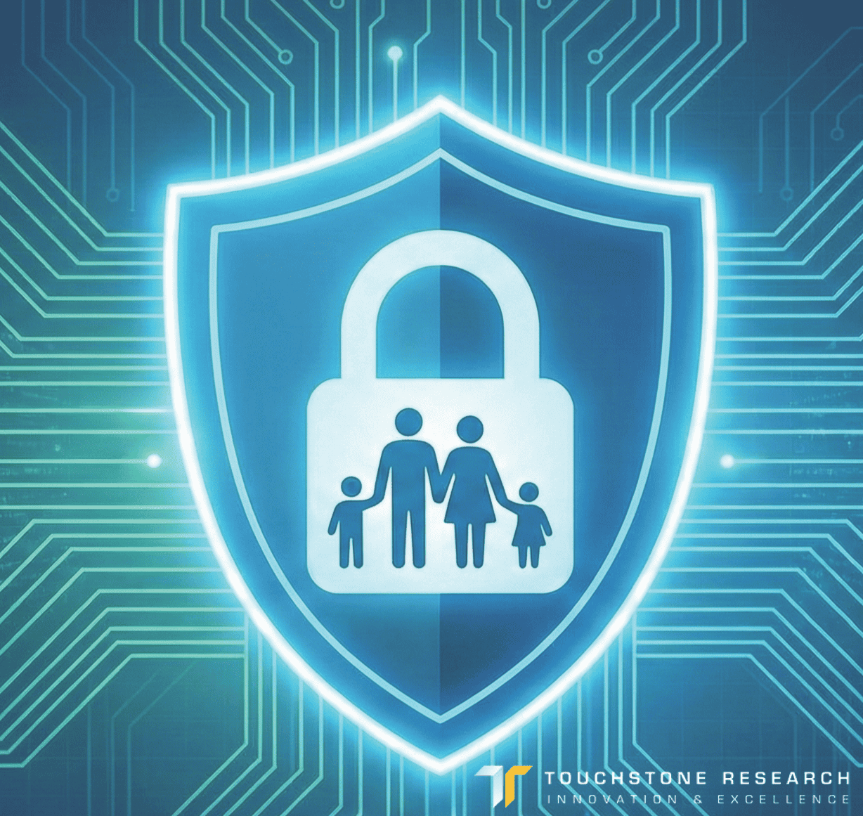 Illustration of a family protected by a digital security shield, representing Panelpolls' commitment to participant privacy and safety